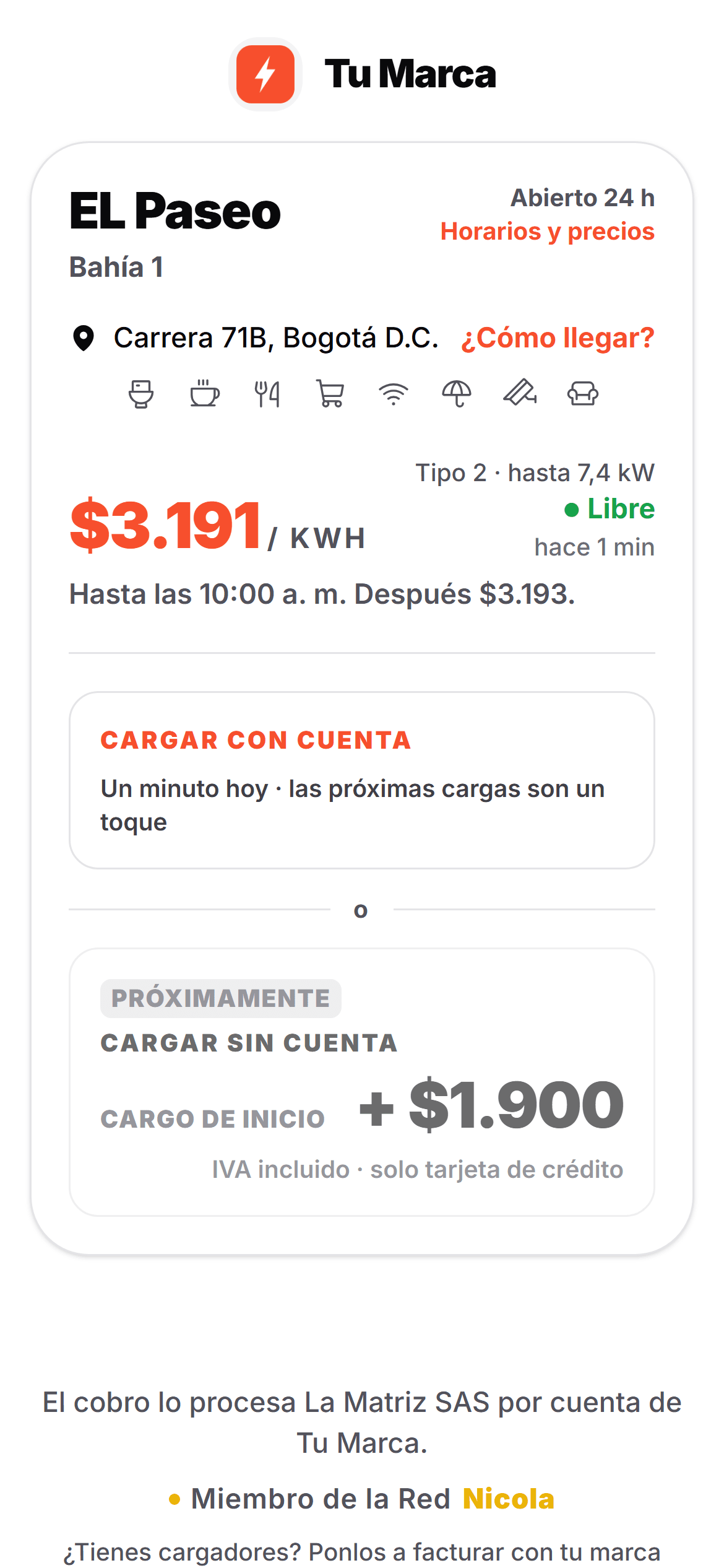 Pantalla del QR de un cargador con la marca del dueño: precio, disponibilidad y el sello de la Red Nicola