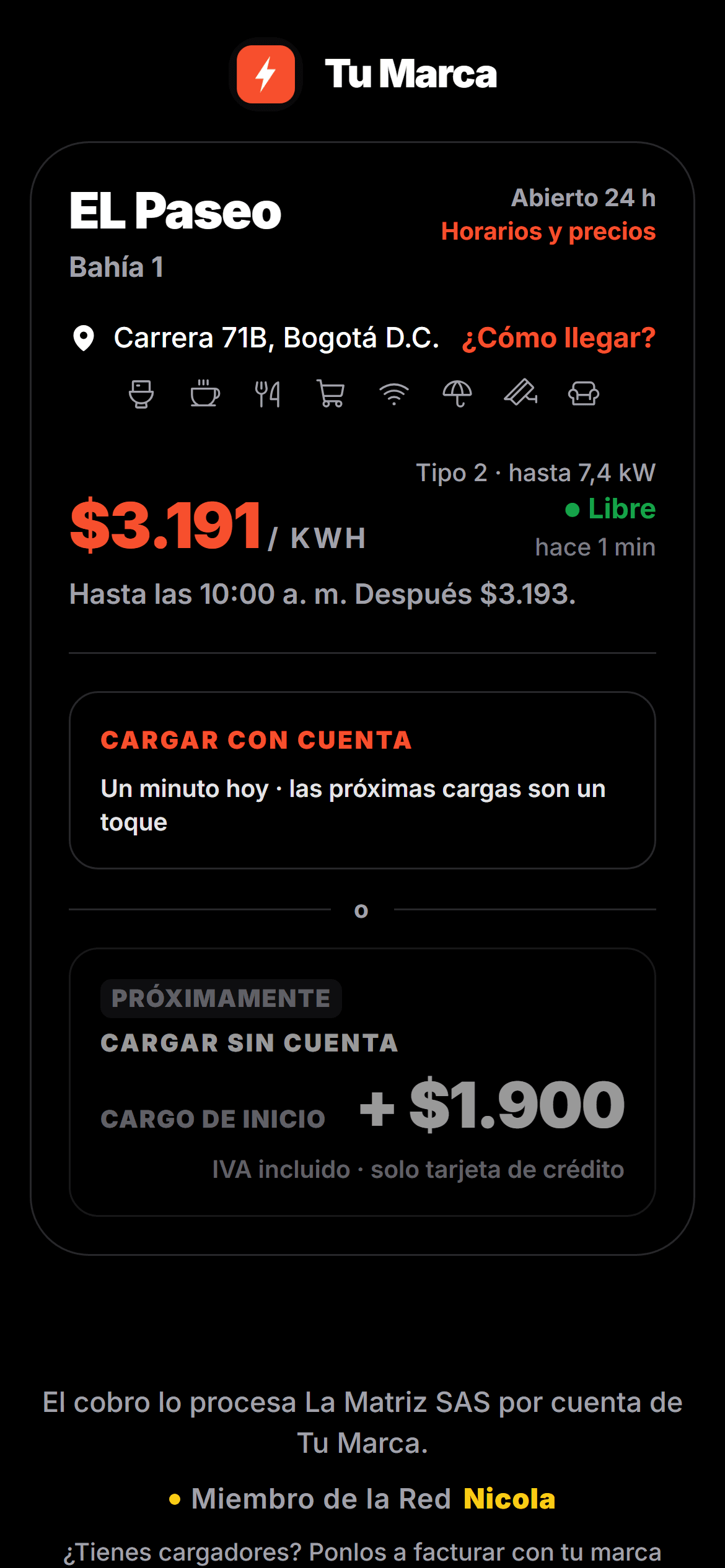 Pantalla del QR de un cargador con la marca del dueño: precio, disponibilidad y el sello de la Red Nicola
